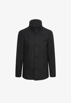 Manteau en laine noire mélangée avec un col haut, cinq boutons à l'avant et des manches longues. Texture lisse avec une coupe ajustée et sans motifs visibles.
