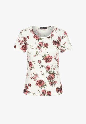 Fehér, rövid ujjú póló, rózsaszín virágmintával, kerek kivágással és puha pamut anyagból. A dizájn különböző virágformákat és szárokat tartalmaz.