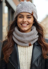 Ung kvinde smilende udendørs iført en grå strikket hue, matchende halsvarmer, cremefarvet sweater og sort læderjakke.