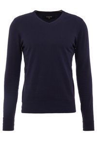 Pull col en V à manches longues bleu marine, texture douce, coupe ajustée, poignets et ourlet côtelés. Fabriqué en tissu tricot léger.