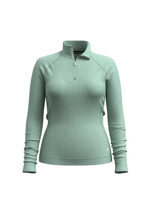 Light green, long-sleeve pullover with a quarter-zip collar, fitted design, raglan sleeves, and textured fabric.