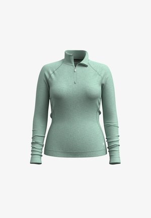 Hellgrüner Pullover mit langen Ärmeln und einem Viertel-Reißverschluss-Kragen, taillierter Passform, Raglanärmeln und strukturiertem Stoff.