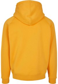 Sudadera amarilla con capucha, de textura suave, con mangas raglán y puños y dobladillo acanalados. Acabado liso, sin gráficos ni patrones visibles.