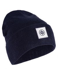 Navy knit beanie with a folded cuff, featuring a white square patch with a circular logo. Soft texture, elastic fit, no patterns.
