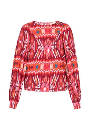 Bluză cu mâneci lungi, de culoare roșie, cu un model geometric ce include accente roz, portocalii și albastre. Decolteu în V și mâneci adunate.