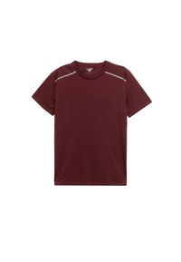 Bordeauxfarbene sportliche T-Shirt aus glattem, leichtem Stoff mit kurzen Ärmeln und reflektierenden grauen Akzenten auf den Schultern.