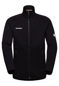 Giacca in pile nera con colletto alto, zip completa, tasche laterali e logo Mammut sul petto. Design elegante con cuciture piatte.