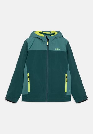 Teal and dark green jacket with a hood, featuring a front zip closure, two contrasting yellow zip pockets, and a logo on the chest.