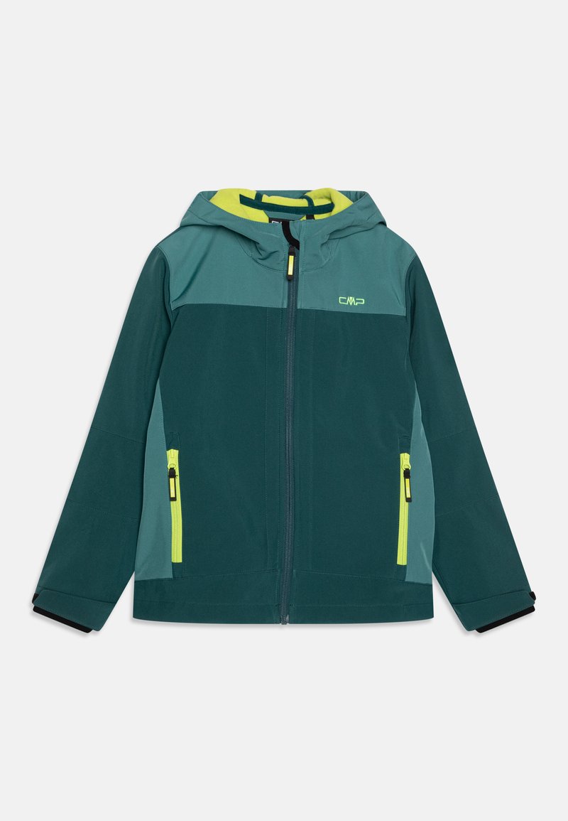 Casaco em verde água e verde escuro com capuz, apresentando um fecho de zíper na frente, dois bolsos com zíper amarelos contrastantes e um logo no peito.