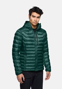 Giacca imbottita verde con cappuccio, caratterizzata da un motivo a trapunta orizzontale, zip frontale, tasche laterali e logo sul petto.