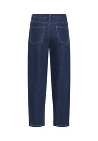 Dark blue denim jeans with a straight fit, featuring two back pockets and a closed waistband. Smooth texture, no visible patterns or embellishments.