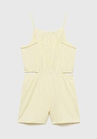 Romper giallo senza maniche con vita elastica, gambe corte, corpino arricciato e spalline sottili. Realizzato in tessuto morbido e elasticizzato.