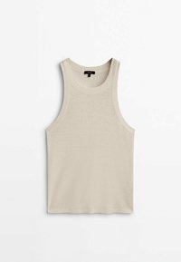 Lichtbeige tanktop van zachte stof, met brede banden en een ronde halslijn. Gladde textuur met een rechte zoom aan de onderkant.