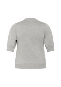 Pull léger gris clair avec un col rond, des manches courtes bouffantes et une texture tricot lisse. Design simple, sans motifs ni accents.