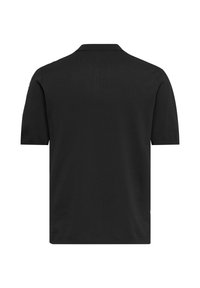 Black short-sleeve polo shirt made from breathable fabric. Features a classic collar and a smooth texture with minimal stitching detail.