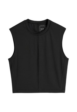 Top corto nero senza maniche con scollo rotondo e dettaglio di cucitura centrale frontale, design semplice senza motivi o loghi.