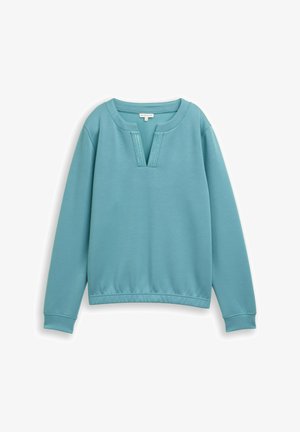 Felpa a maniche lunghe color verde acqua con vestibilità comoda, spalle scese e scollo a V con cuciture decorative lungo il collo.