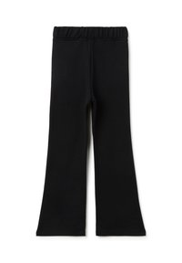 Pantalones negros de cintura elástica y piernas anchas, hechos de una tela suave, mostrados sobre un fondo blanco.