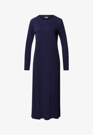 Granatowa sukienka z długim rękawem, okrągłym dekoltem, wykonana z gładkiego materiału, z dodatkowymi dwoma bocznymi kieszeniami oraz prostą sylwetką.
