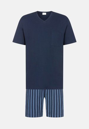 Navy cotton V-neck t-shirt with short sleeves, paired with striped shorts in shades of blue, featuring a side pocket on the shirt.