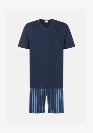 Navy cotton V-neck t-shirt with short sleeves, paired with striped shorts in shades of blue, featuring a side pocket on the shirt.