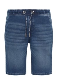 Donkerblauwe denim shorts met een koordsluiting in de taille, voorzien van zilveren hardware en een soepele textuur, ontworpen in een knielange snit.