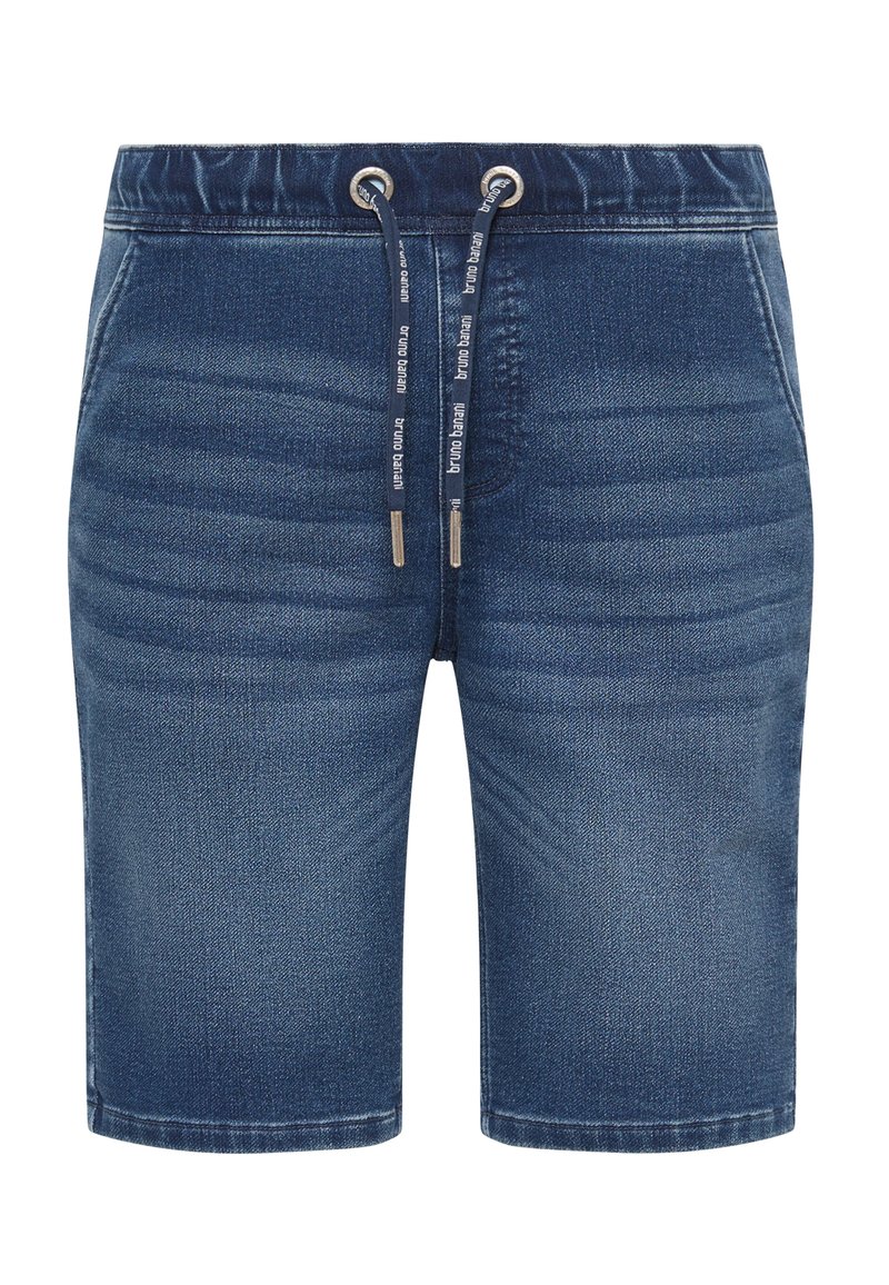 Donkerblauwe denim shorts met een koordsluiting in de taille, voorzien van zilveren hardware en een soepele textuur, ontworpen in een knielange snit.