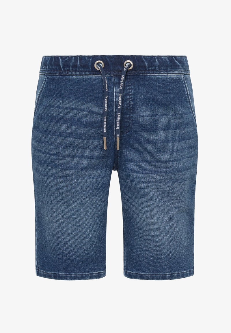 Mörkblå denimshorts med dragsko i midjan, utrustade med silverdetaljer och en slät yta, designade i knälång modell.
