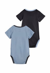 Due bodysuit a maniche corte: uno azzurro con un colletto a contrasto e uno completamente nero. Entrambi presentano aperture per le gambe e sono realizzati in cotone morbido.