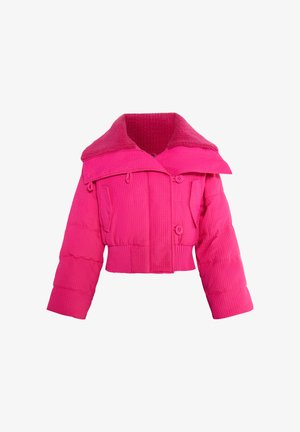 Roze cropped pufferjack met een ribbelstructuur, grote kraag, twee voorknopen en twee zijzakken. Voering van fleece.