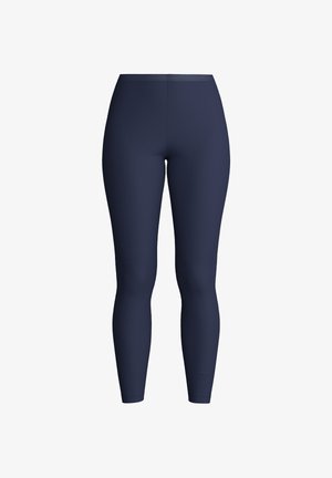 Leggings blu navy realizzati in un tessuto elastico e liscio. Design aderente con una vita alta e senza cuciture o decorazioni visibili.
