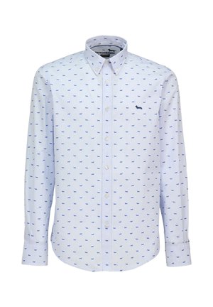 Weiße Hemd mit Knöpfen und kleinem blauem Hunde-Muster. Verfügt über einen klassischen Kragen und lange Ärmel. Weicher Stoff, lässiges Design, geeignet für verschiedene Anlässe.