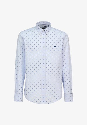 Hvid skjorte med knapper og et lille mønster af blå hunde. Har en klassisk krave og lange ærmer. Blødt stof, afslappet design egnet til forskellige lejligheder.