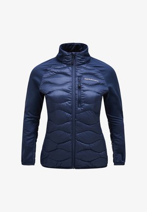 Navy blue puffer jacket with a high collar, featuring a zippered front, textured wave pattern, and fitted sleeves made from smooth fabric.