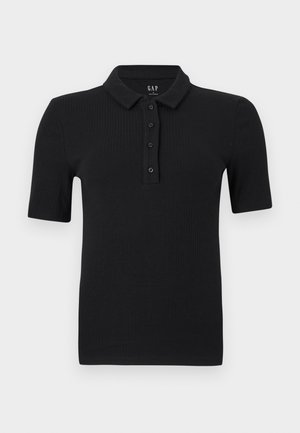 Polo noir à manches courtes côtelé avec quatre boutons et un col plié, posé à plat sur un fond blanc.