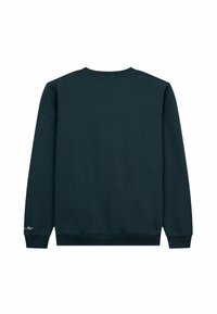 Sudadera verde oscura hecha de una mezcla de algodón, con cuello redondo y puños acanalados. Detalle pequeño del logotipo en la parte inferior de la manga.