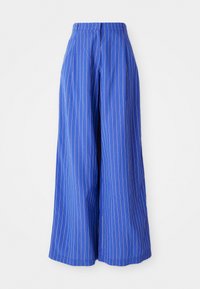 Wide-legged trousers in vibrant blue fabric with vertical white stripes, featuring a high waist and smooth texture.