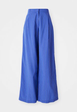 Wide-legged trousers in vibrant blue fabric with vertical white stripes, featuring a high waist and smooth texture.