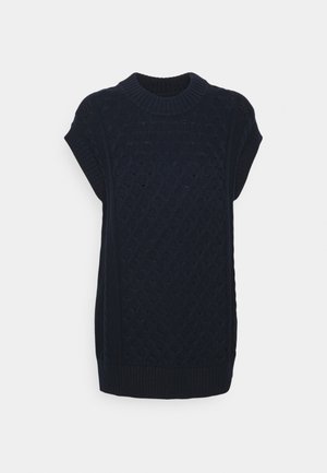 Pull sans manches tricoté bleu marine avec un col rond côtelé et un motif torsadé texturé devant et derrière.
