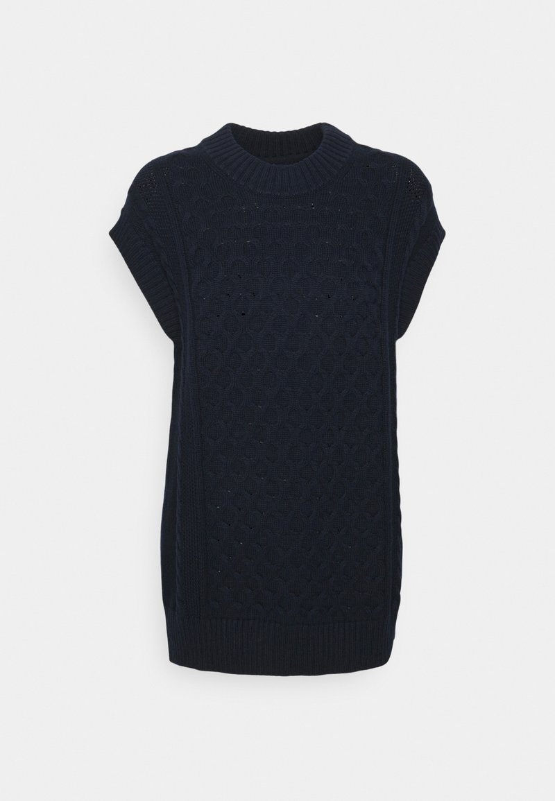 Pull sans manches tricoté bleu marine avec un col rond côtelé et un motif torsadé texturé devant et derrière.