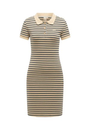 Beige og sort, horisontalt stribet polokjole med korte ærmer, tre-knaps lukning og lille brystlomme detaljer.