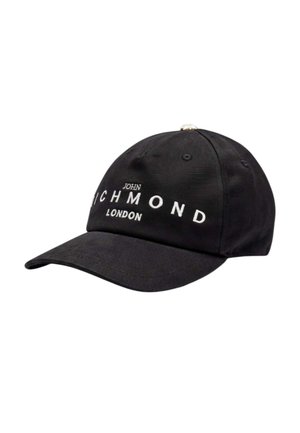 Cappellino da baseball nero con visiera curva e testo ricamato bianco con la scritta "John Richmond London" sulla parte anteriore.
