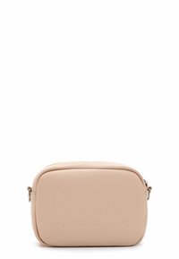 Borsa in pelle beige con una texture liscia, forma rettangolare e cuciture sottili. Presenta una chiusura con cerniera e rifiniture in metallo.