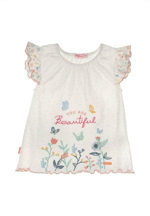 Vestito bianco per bambina con pois rosa, maniche arricciate floreali, fiori ricamati, farfalle e la scritta "Sei bellissima" sul davanti.