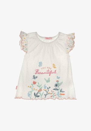Vestito bianco per bambina con pois rosa, maniche arricciate floreali, fiori ricamati, farfalle e la scritta "Sei bellissima" sul davanti.