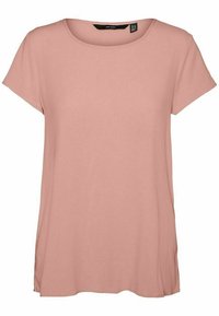 Light pink short-sleeve top with a scoop neckline. Made of soft, smooth fabric, featuring a relaxed fit and subtle side slits at the hem.