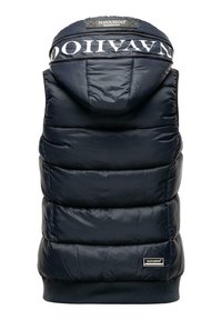 Tumes sinine puffer vest kapuutsiga, millel on tikkitud paneelid, ribakant ja "NAVAHOO" bränding ülaosas. Sile, läikiv materjal.