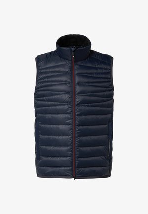 Marineblaue Steppweste mit hohem Kragen, gesteppter Musterung, Frontreißverschluss und Seitentaschen. Verfügt über rote Reißverschlussakzente und eine glatte Textur.