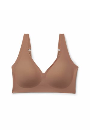Soutien-gorge marron sans coutures avec bonnets moulés et bretelles ajustables, conçu pour le confort et un maintien lisse sans armatures.