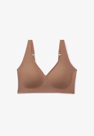 Soutien-gorge marron sans coutures avec bonnets moulés et bretelles ajustables, conçu pour le confort et un maintien lisse sans armatures.